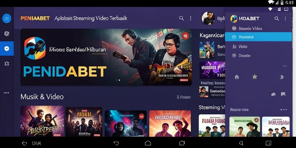 Antarmuka aplikasi PENIDABET menampilkan berbagai konten musik dan video streaming.